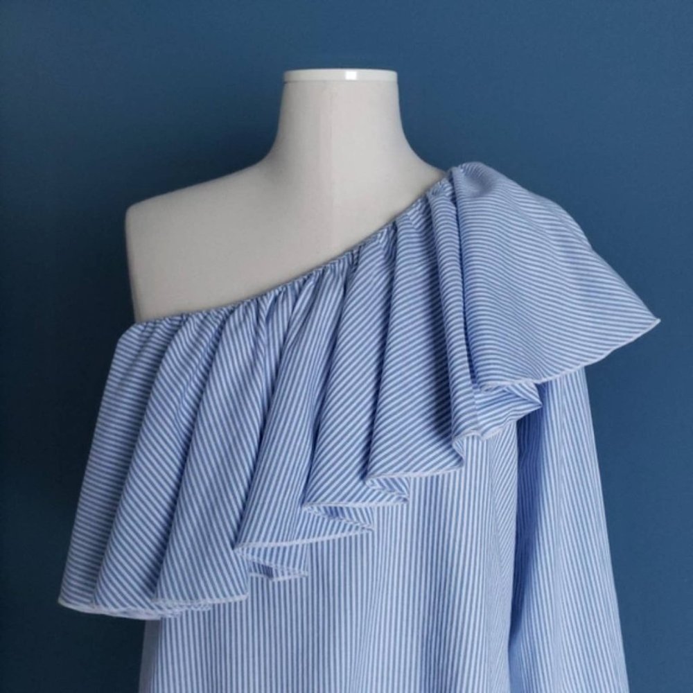 LOFT Railroad Striped Ruffle One Shoulder Top - Picture 2 of 7